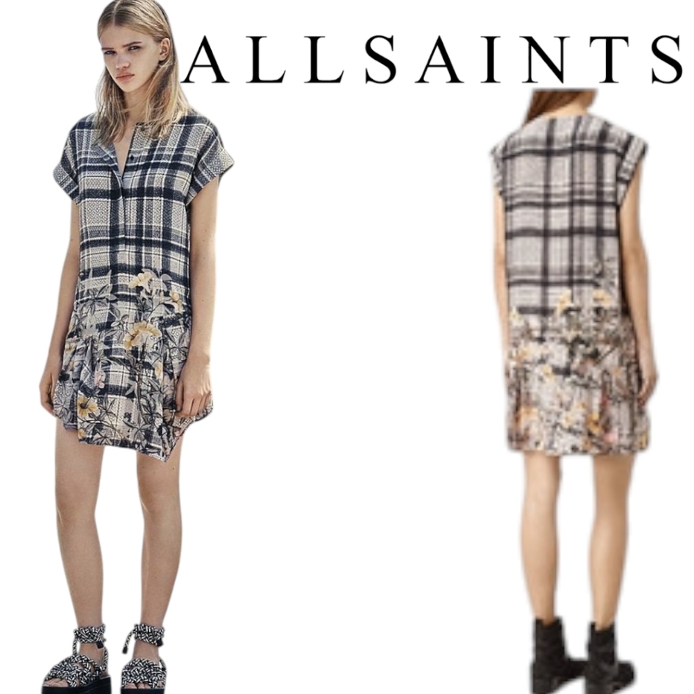 AllSaints Roka Kinori grey plaid floral silk shift dress Pleated Skirt s…